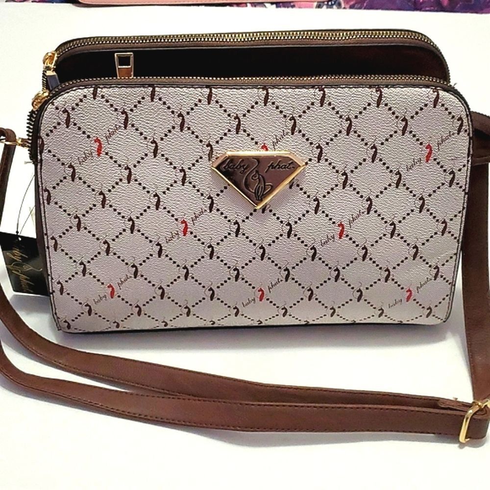 Baby Phat Tan & Caramel Cats Pattern Vegan Leather Multi Section Bag